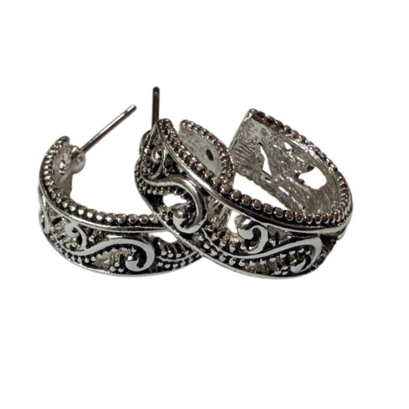 Y2K Silver Tone Textured Filagree Hoop Earring 3/4" Nickel Free Hypoallergenic - Picture 5 of 7